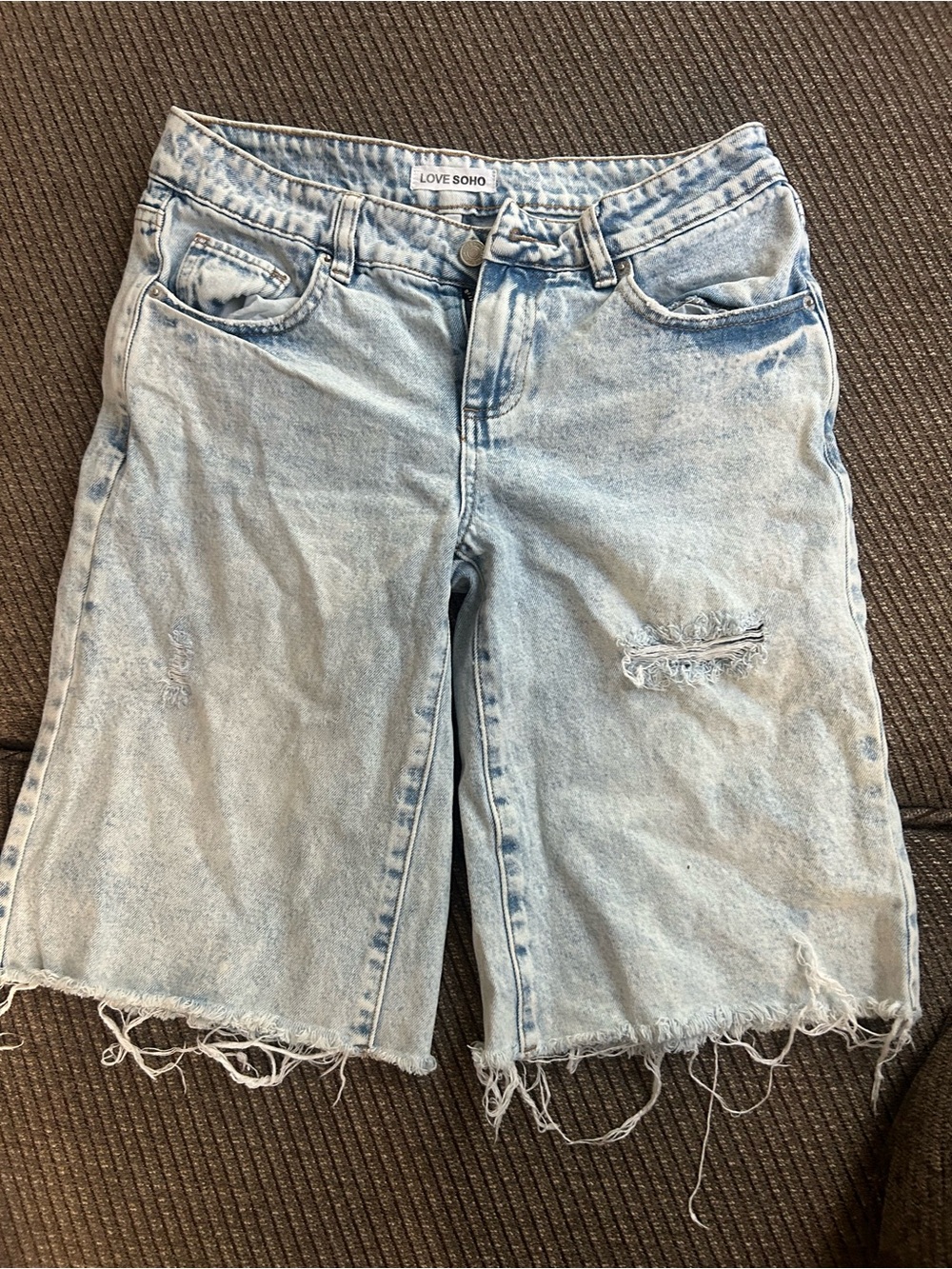 Light Blue Distressed Denim Bermuda Shorts
